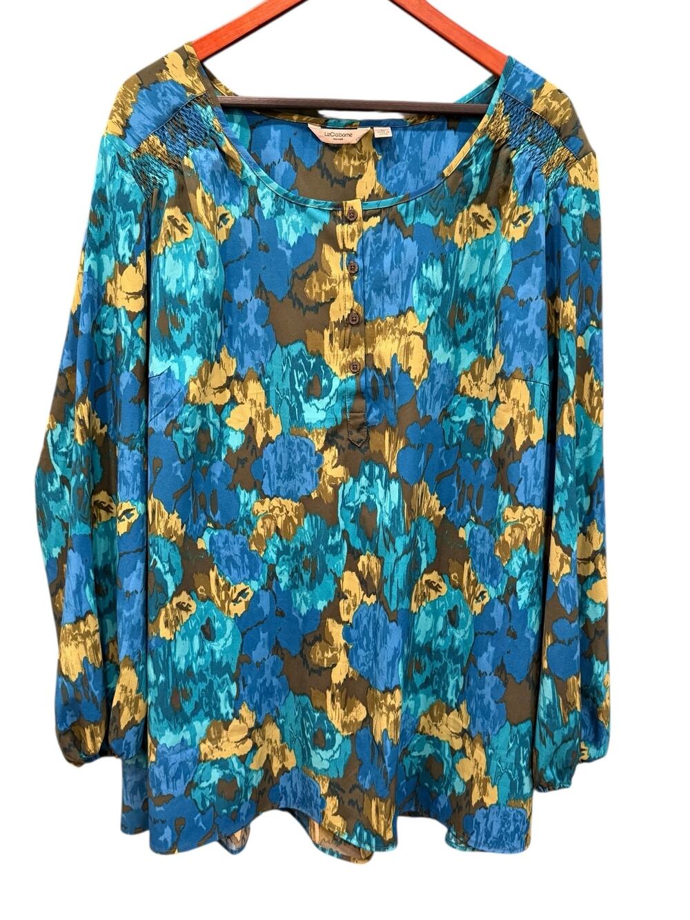 Liz Claiborne 3X Plus Long Sleeve Blue Floral Blouse Flattering Roomy Work